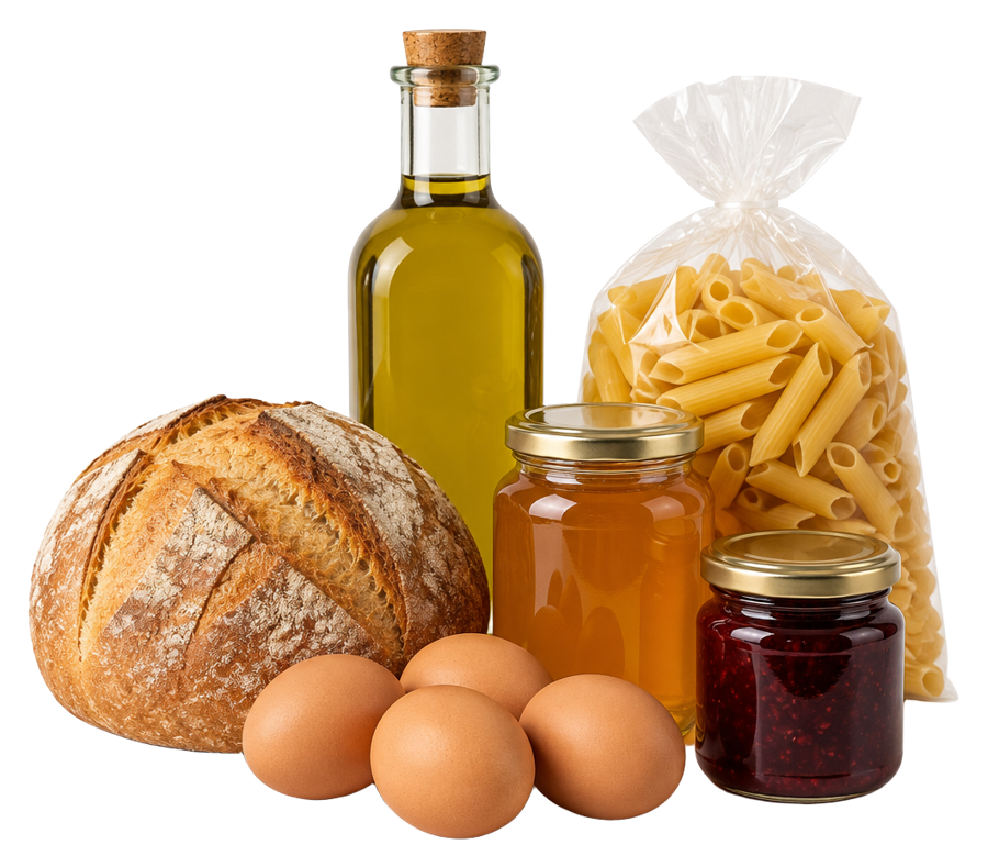 Pane, olio, miele, pasta, uova e confettura